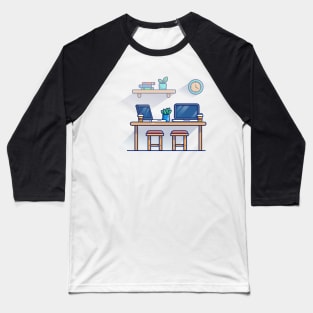 Table, Chair, Laptops, Plant, Clock, Books, And Cups Cartoon Baseball T-Shirt